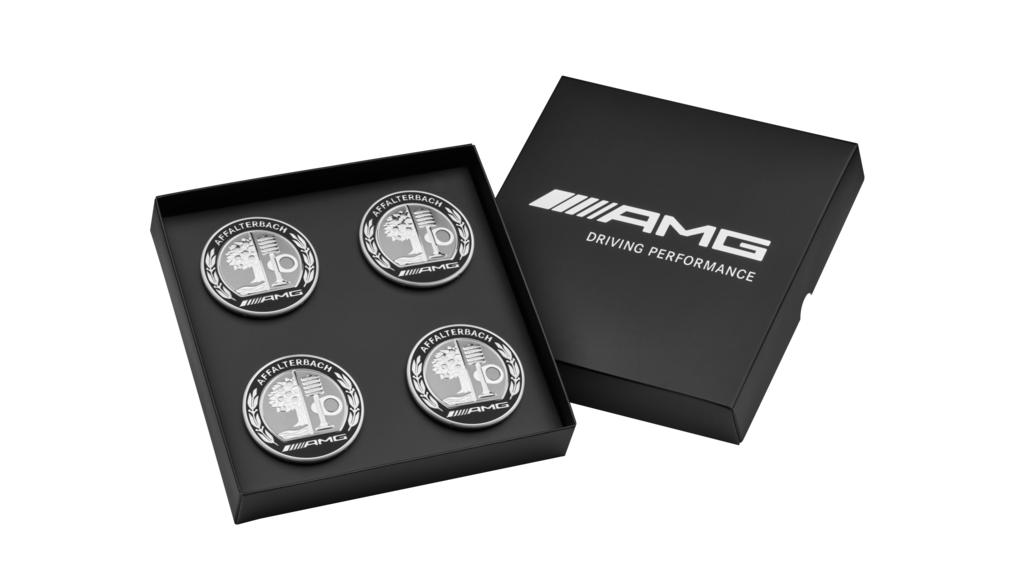 Coprimozzo AMG, con emblema AMG, set di 4, (es. Classe S/ GLC/ GLS), color argento, nero, A0004005100